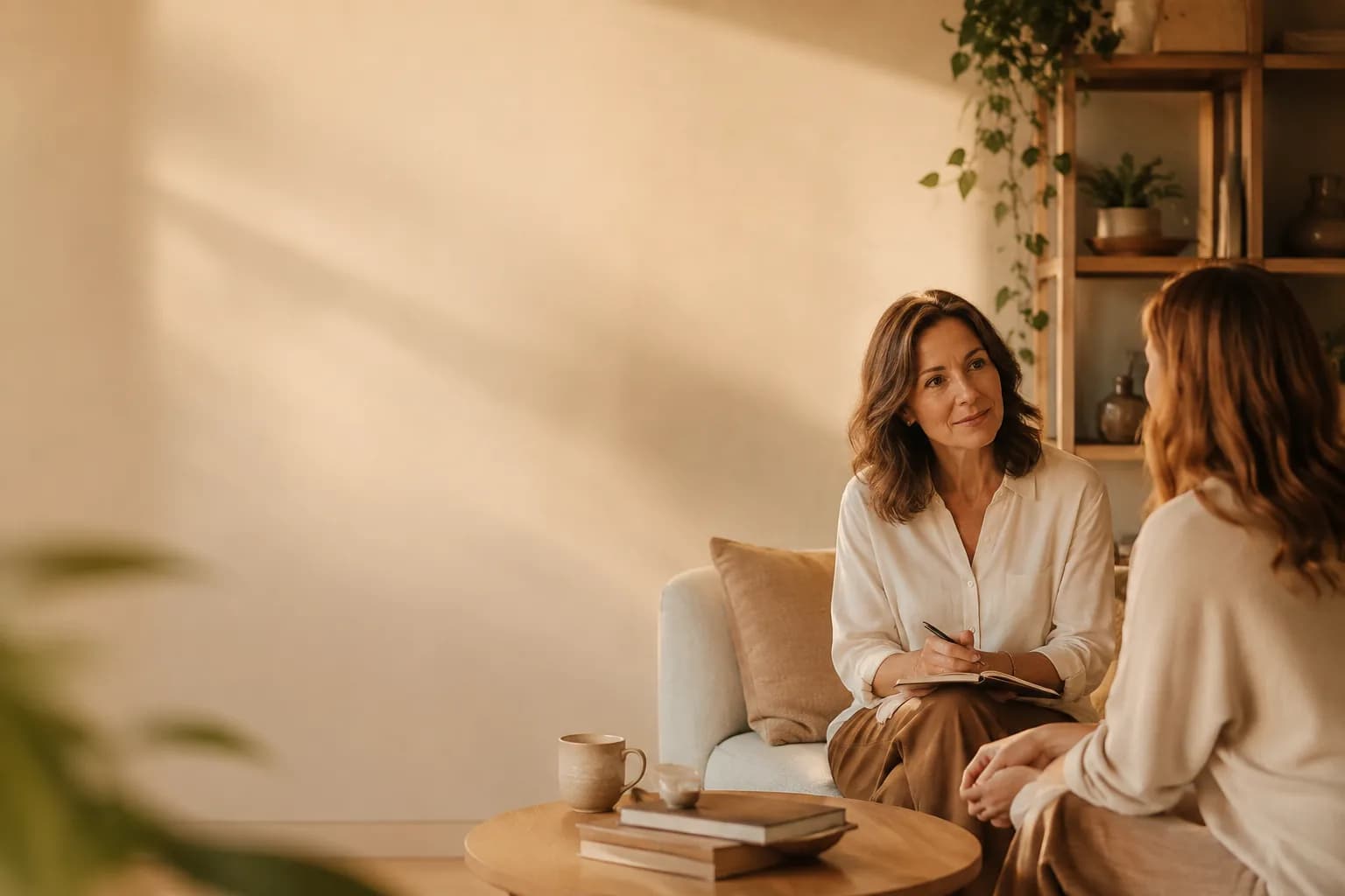 A coach in a one-on-one session with a client, in a room bathed in warm light.